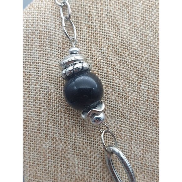 Black Silver Tone Station Statement Necklace Chain Front Toggle Tassel Pendants - Picture 7 of 11